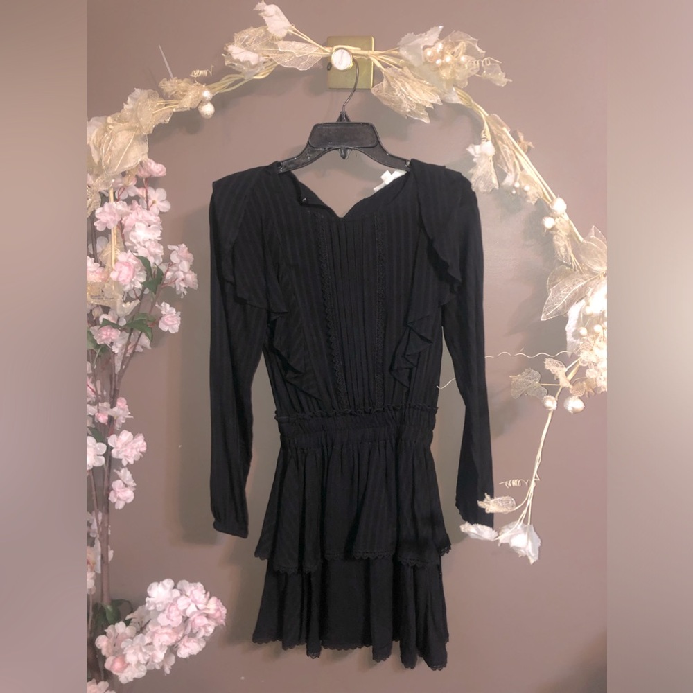 Black long sleeve ruffle dress. By chabby chic. Rayon and lace
